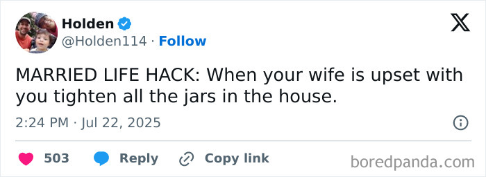 Married life hack tweet about tightening jars when wife is upset