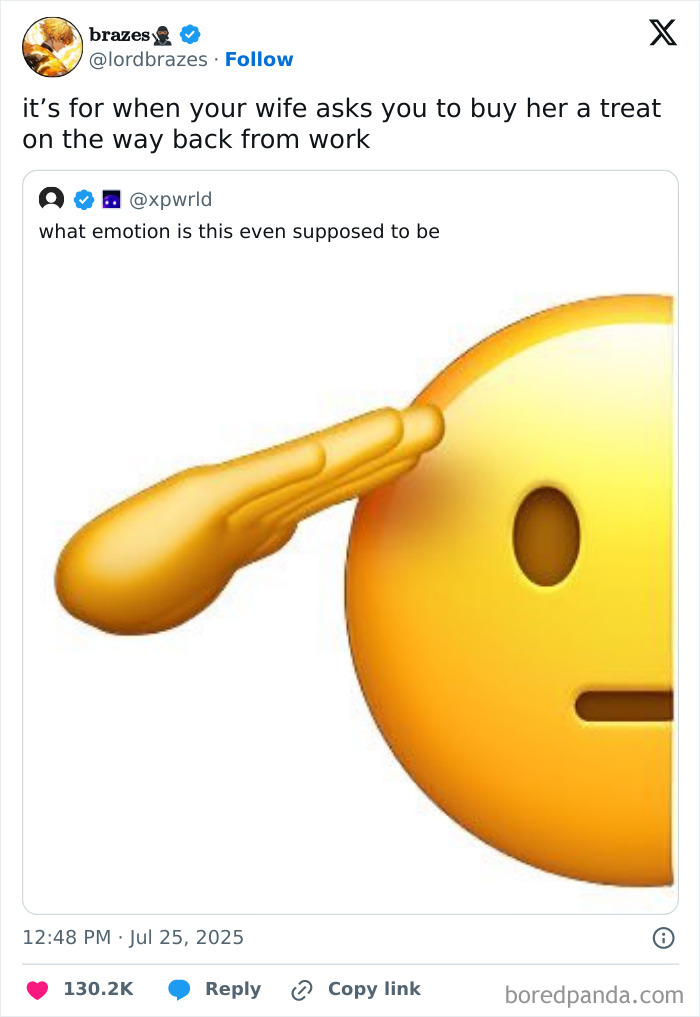 Tweet explaining saluting emoji as bought treat from husband in married life
