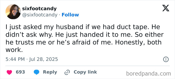 Tweet about trusting or fearing husband with duct tape in married life humor