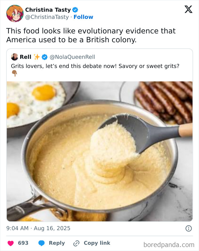 Creamy grits being scooped from a pot with breakfast sides in the background