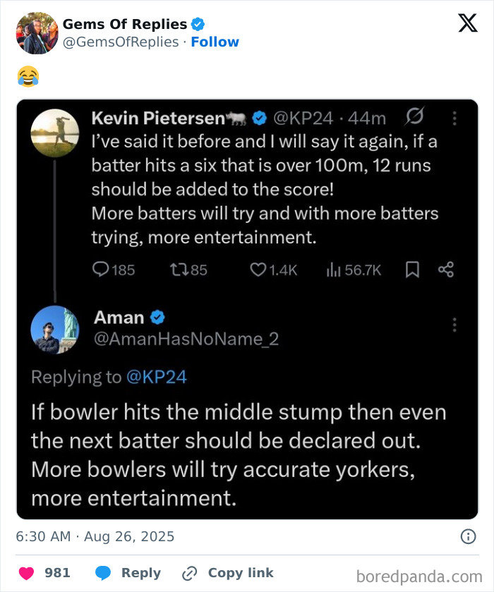 A tweet by Kevin Pietersen on cricket rules and a witty comeback, demonstrating clever comebacks.