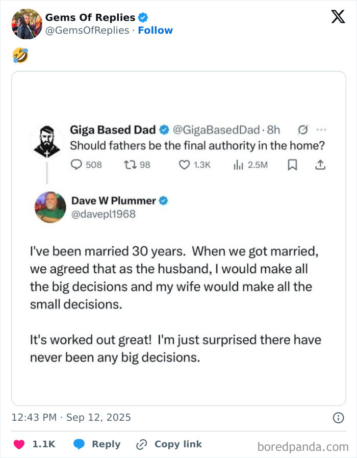 A humorous comeback from Dave W Plummer about marriage decisions, responding to a tweet about fathers being the final authority.