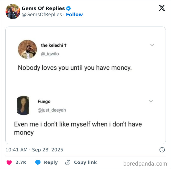A tweet exchange about money and self-worth, featuring two users sharing humorous come backs. An example of witty comeback.