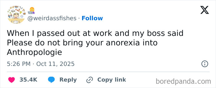Boss makes harsh comment about anorexia at work