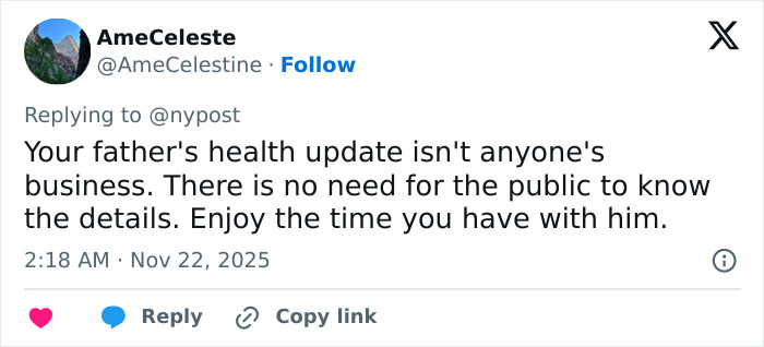 A social media comment from AmeCeleste advising privacy for Bruce Willis's health update and dementia battle.