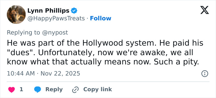 A social media comment from Lynn Phillips lamenting Bruce Willis's devastating dementia battle.