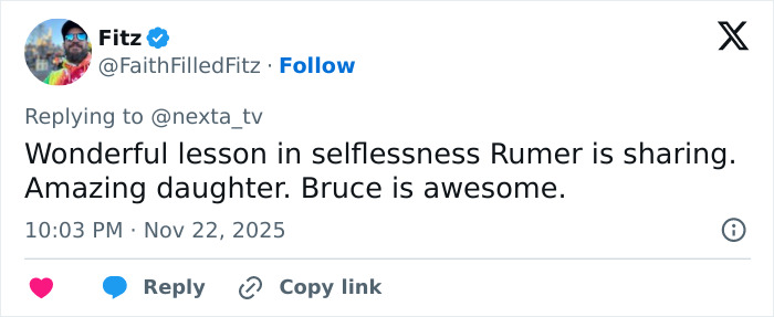 A social media comment from Fitz praising Rumer Willis's selflessness and Bruce Willis's awesomeness.