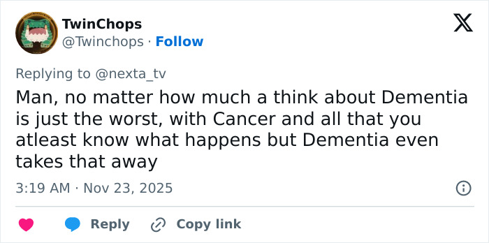 A social media comment from TwinChops reflecting on the hardship of Bruce Willis's devastating dementia battle.