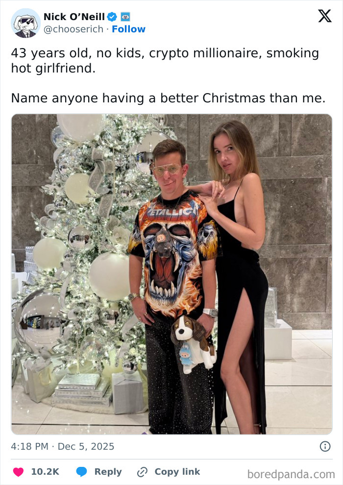 Tweet showing man and woman by Christmas tree celebrating crypto millionaire lifestyle