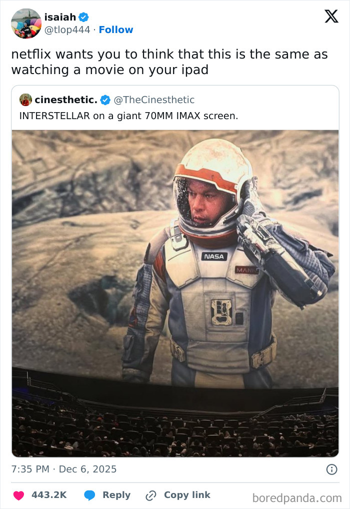 Hilarious cinephile tweets about movie viewing experiences, showing a character from Interstellar and a theater.