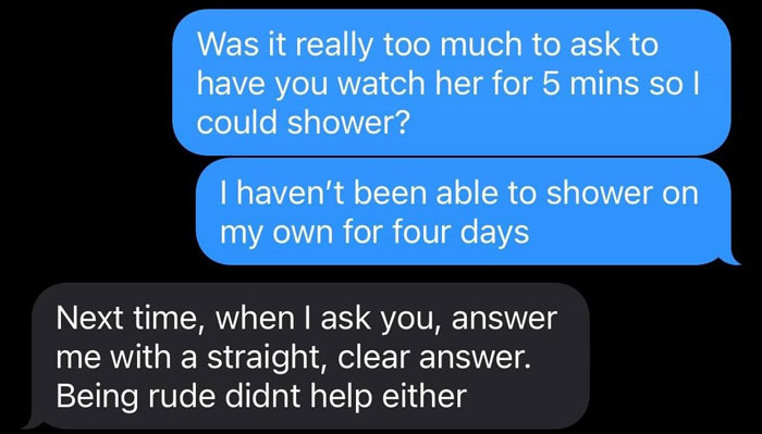 Text message asking husband to watch sick child for 5 minutes during shower Text message asking husband to watch sick child for 5 minutes during shower