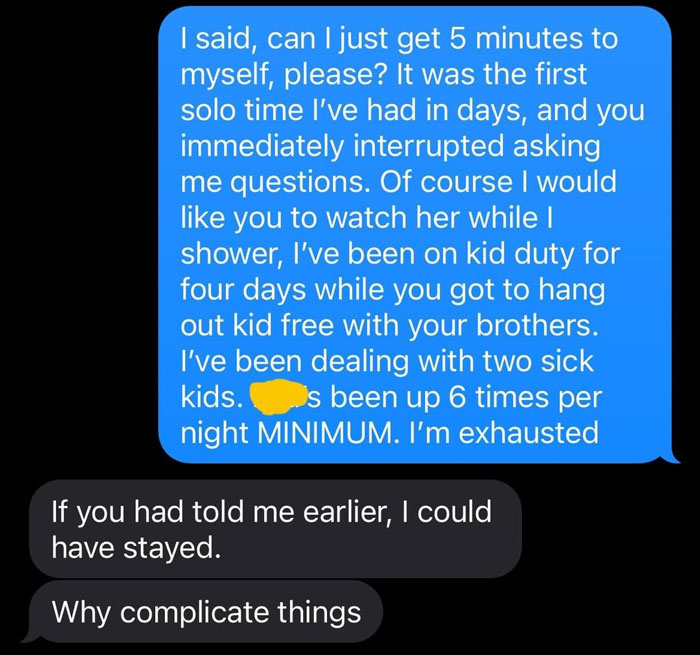 Texts showing wife explaining exhaustion from solo parenting sick kids Texts showing wife explaining exhaustion from solo parenting sick kids