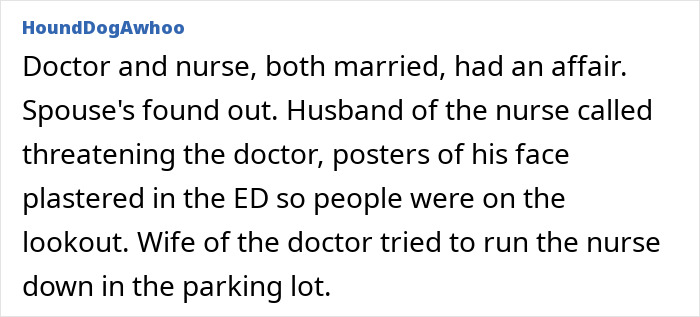 Office drama involving a doctor and nurse affair leading to threats and confrontations