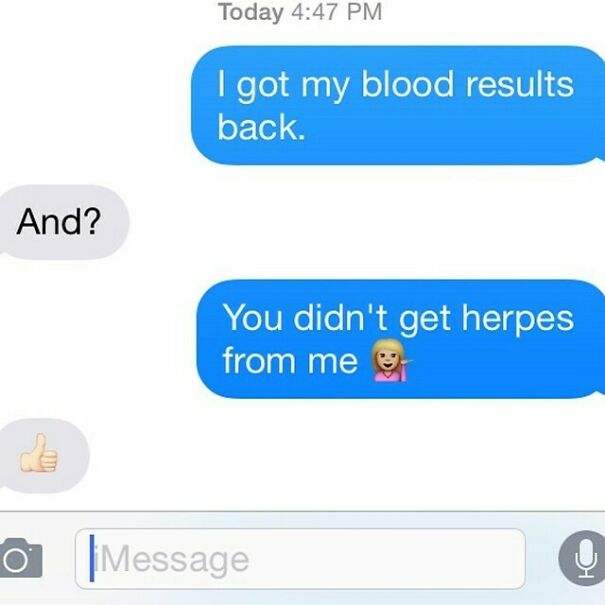 Relationship text about blood test results showing no herpes transmission