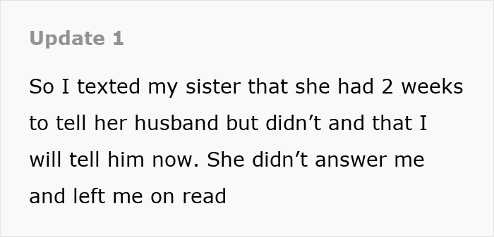 A text update, "Update 1", detailing a woman revealing her sis' affair, triggering breakups in the family.