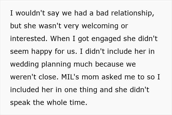 Text describing uneasy relationship and wedding planning exclusion by MIL