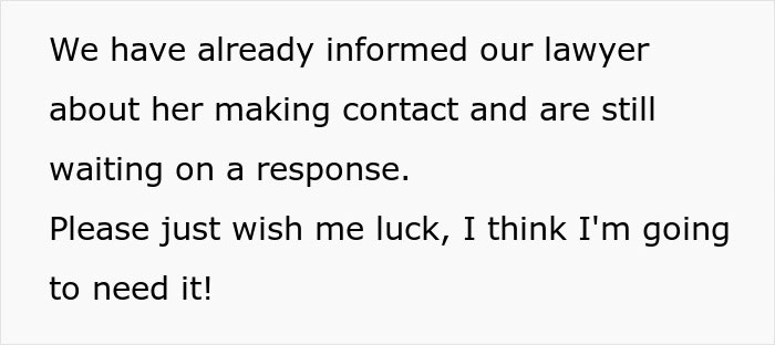 Text in a grey box states, "We have already informed our lawyer about her making contact and are still waiting on a response. Please just wish me luck, I think I'm going to need it!" This relates to the MIL disowning grandchild.