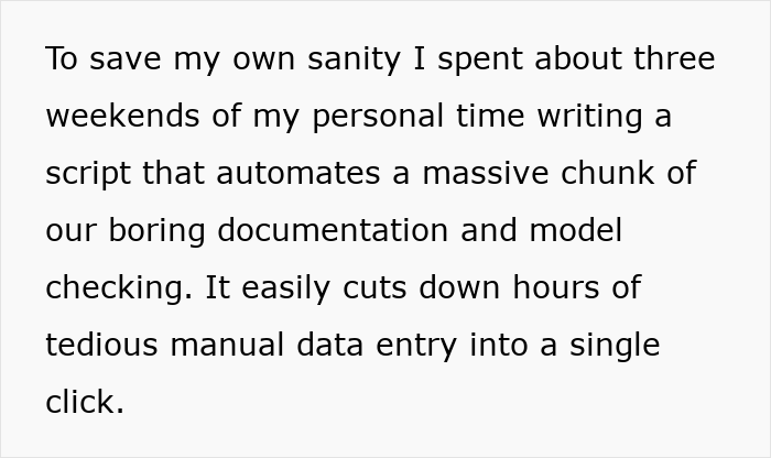Text describing engineer writing a script to automate documentation and model checking