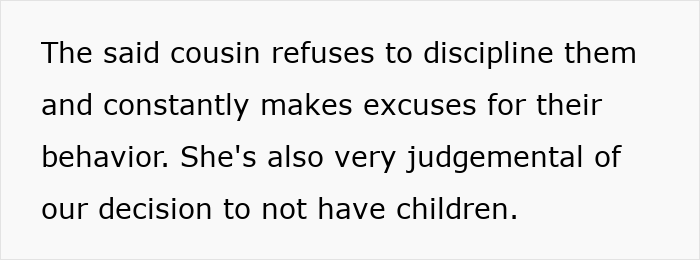Text explaining boyfriend's cousin refuses to discipline kids and judges childfree decision Text explaining boyfriend's cousin refuses to discipline kids and judges childfree decision