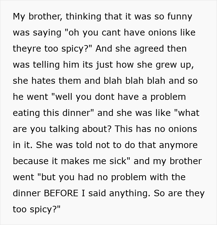 Text describing conversation about onions being too spicy