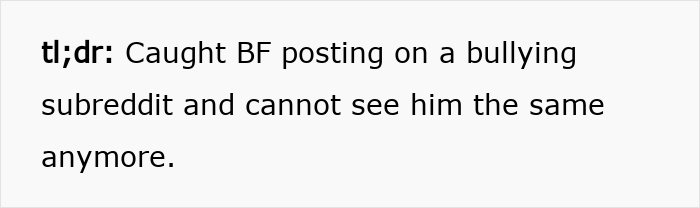Summary text about caught boyfriend posting on bullying subreddit and relationship impact