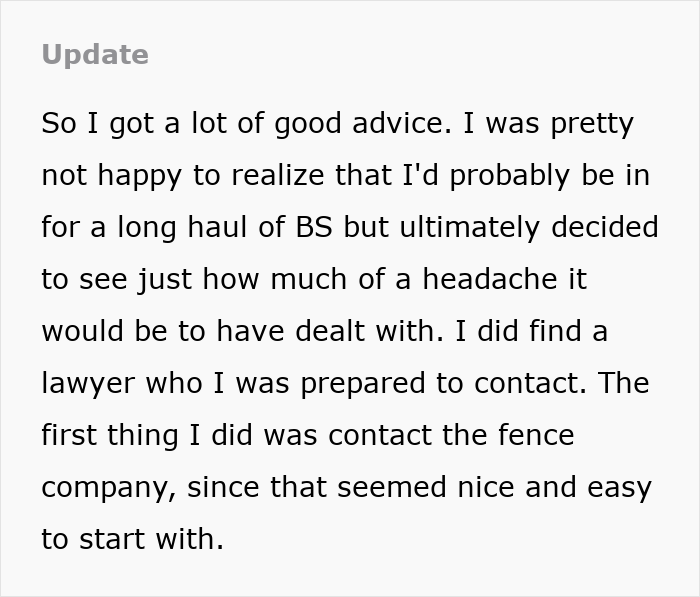 Text update about legal advice and contacting a fence company