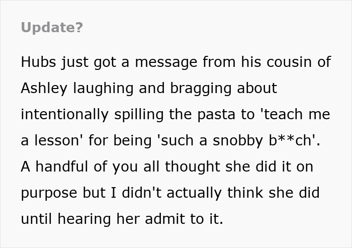 Text update about sister-in-law purposely spilling pasta to cause drama