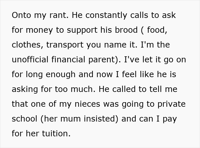 Text post describing brother with four kids from different women and family issues