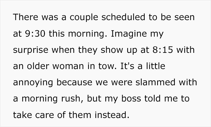 Text explaining an early appointment with a couple and an older woman at a bakery Text explaining an early appointment with a couple and an older woman at a bakery