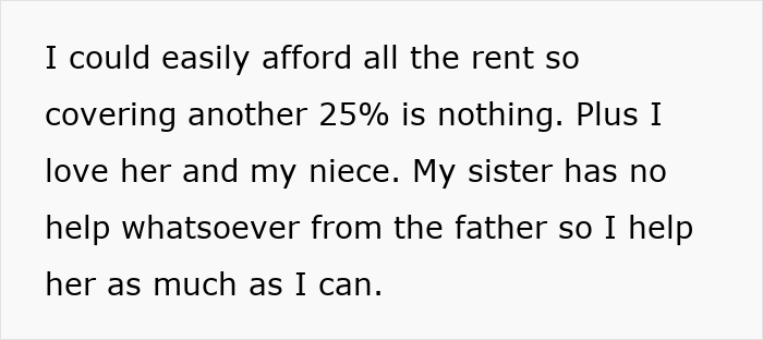 Text describing 23-year-old affording extra rent to help pregnant sister and niece