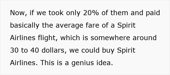 Text screenshot showing a Spirit Airlines joke idea to buy the airline. The internet raised $132M.