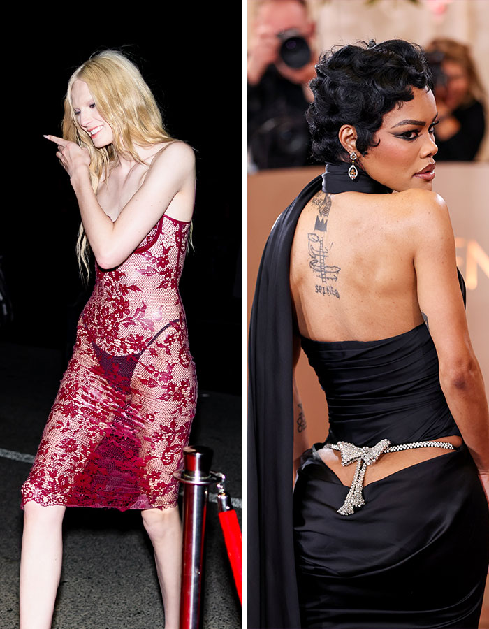 Two models showcase bizarre fashion trends of 2026. One wears a sheer red lace dress, another a black gown with a prominent back detail.