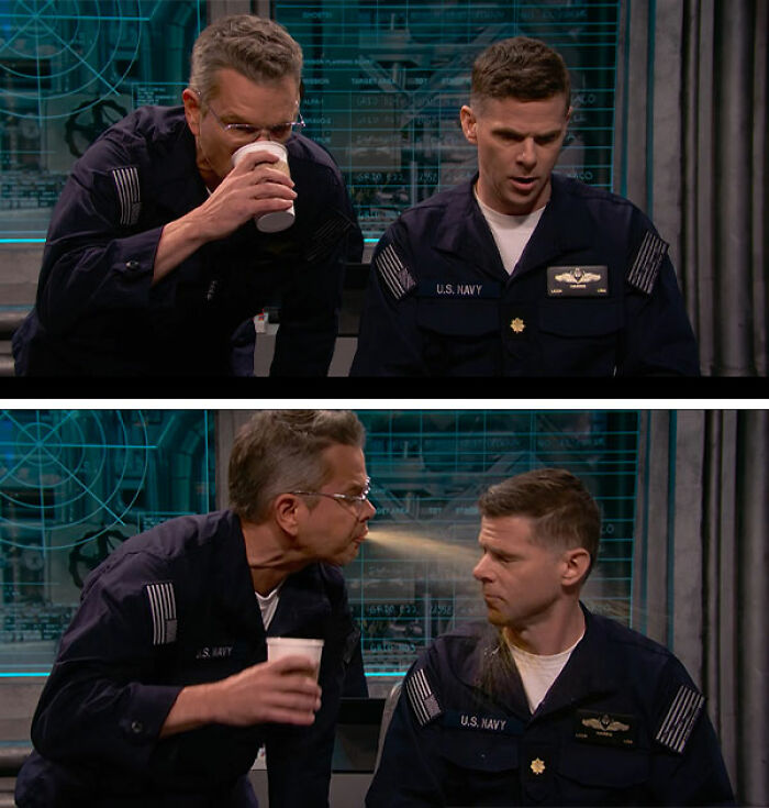 A man drinks from a cup, then spits a liquid onto the face of a younger man in a "gross" SNL sketch. Matt Damon.