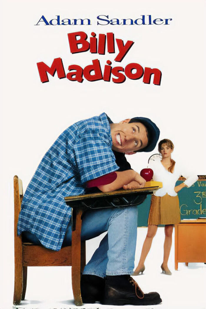 Billy Madison movie poster featuring Adam Sandler in a classroom scene