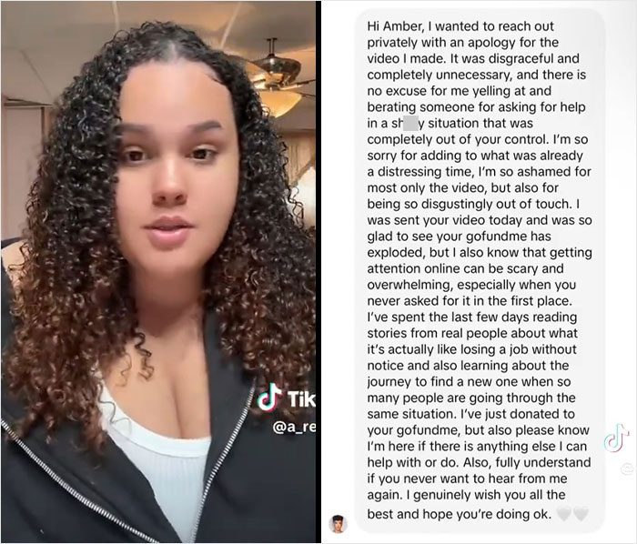 Woman with curly hair next to detailed apology message about job loss
