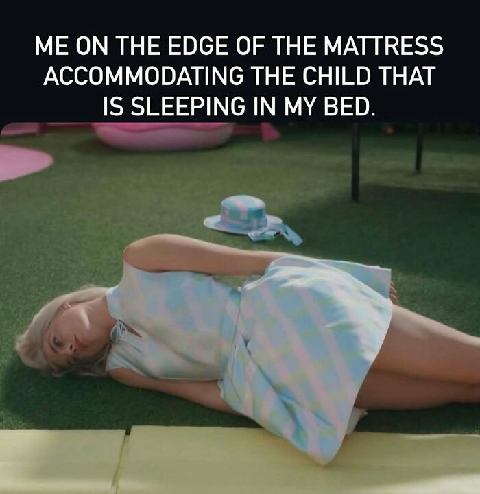 Mom on edge of mattress meme accommodating child in bed
