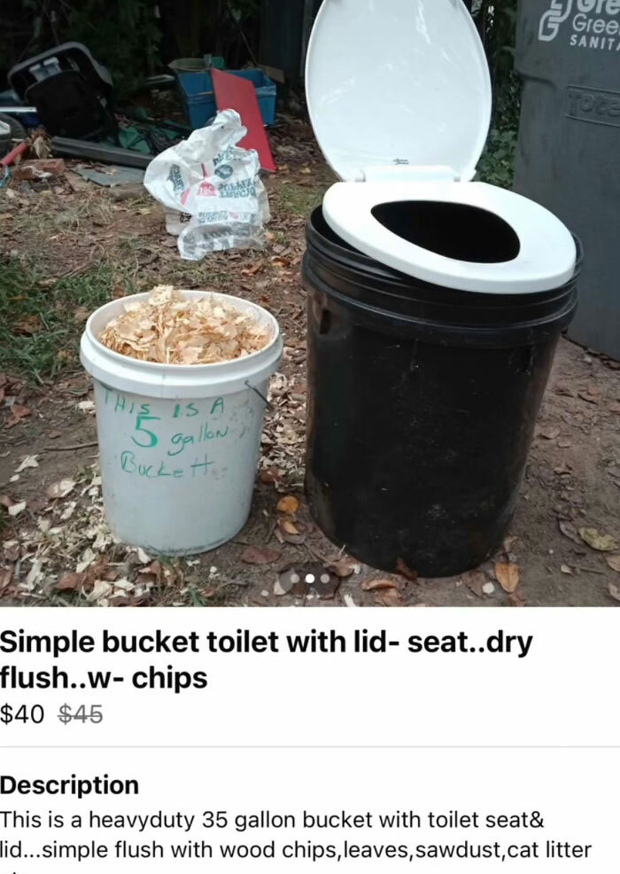 Simple bucket toilet with white lid and surrounding outdoor items