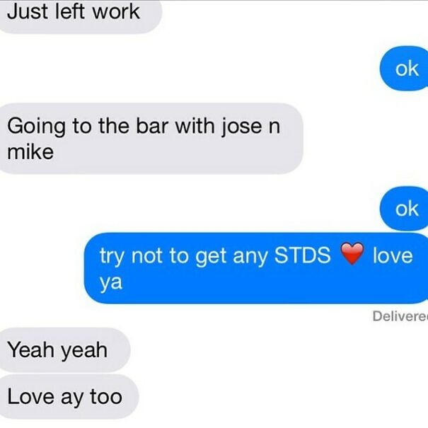 Text exchange with a sarcastic warning about STDs in relationship texts