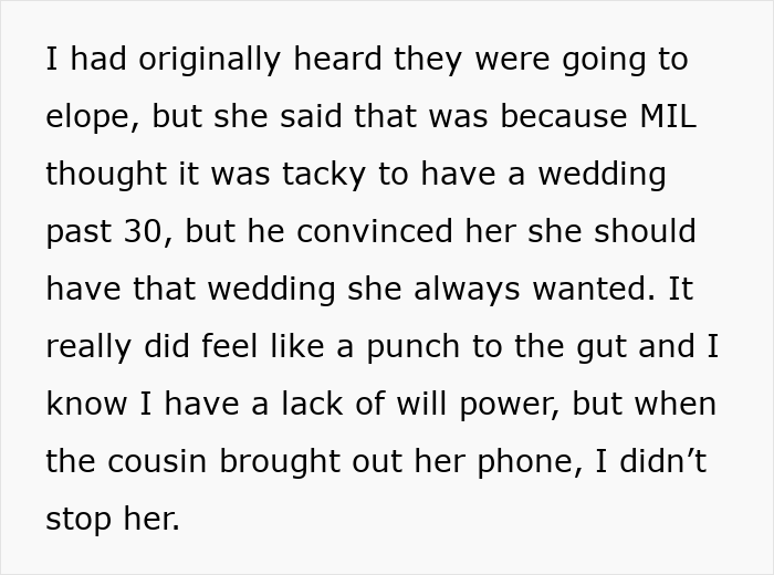 Text about discovering MIL's wedding and feelings of hurt and lack of willpower