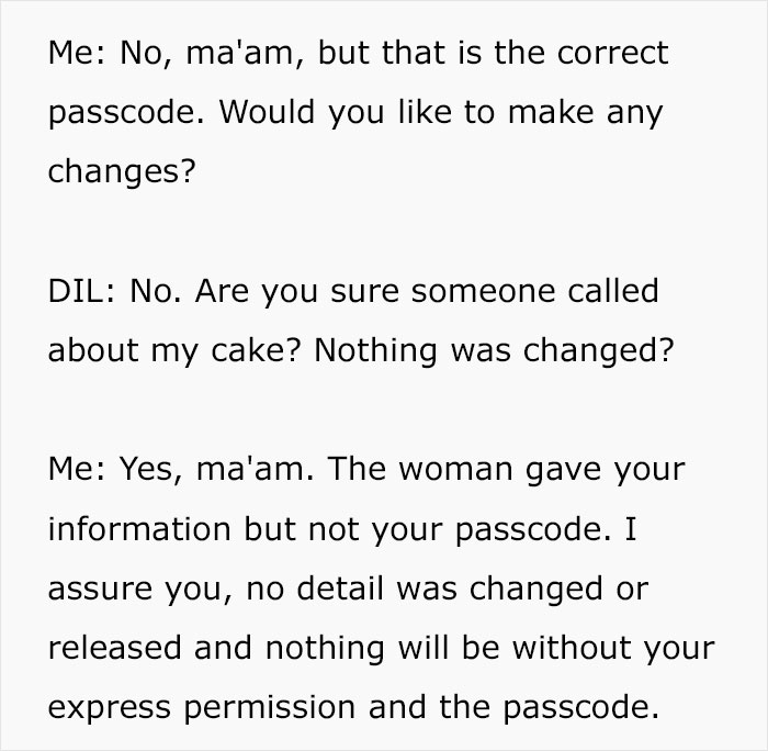 Text conversation about cake passcode and order security in bakery Text conversation about cake passcode and order security in bakery