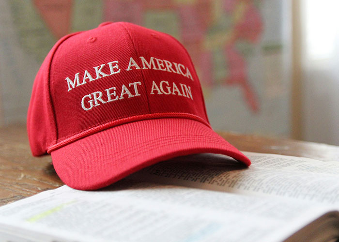 Red MAKE AMERICA GREAT AGAIN hat on an open book, symbolizing how low intelligence might interpret information.