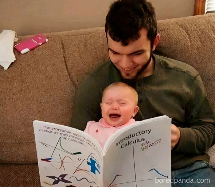 A man reads Introductory Calculus for Infants to a crying baby. A funny math meme that brings back trauma.