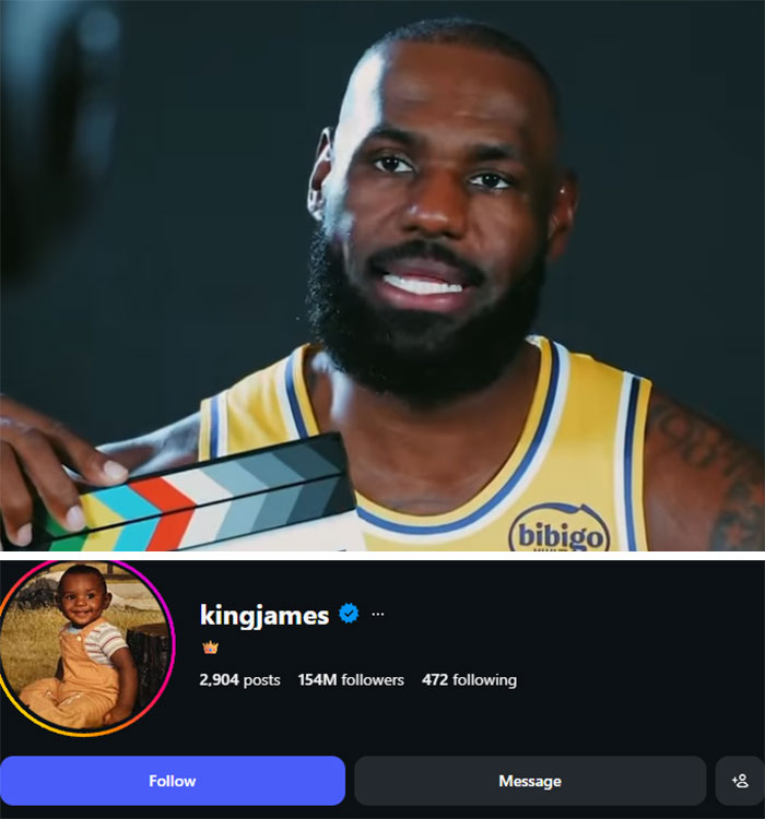 LeBron James holding a clapperboard, then his Instagram profile showing 154M followers, highlighting celebrities who lost followers.