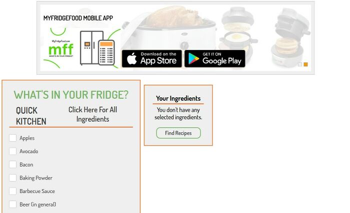 MyFridgeFood app interface with a list of ingredients and recipe finder, an interesting website for foodies.