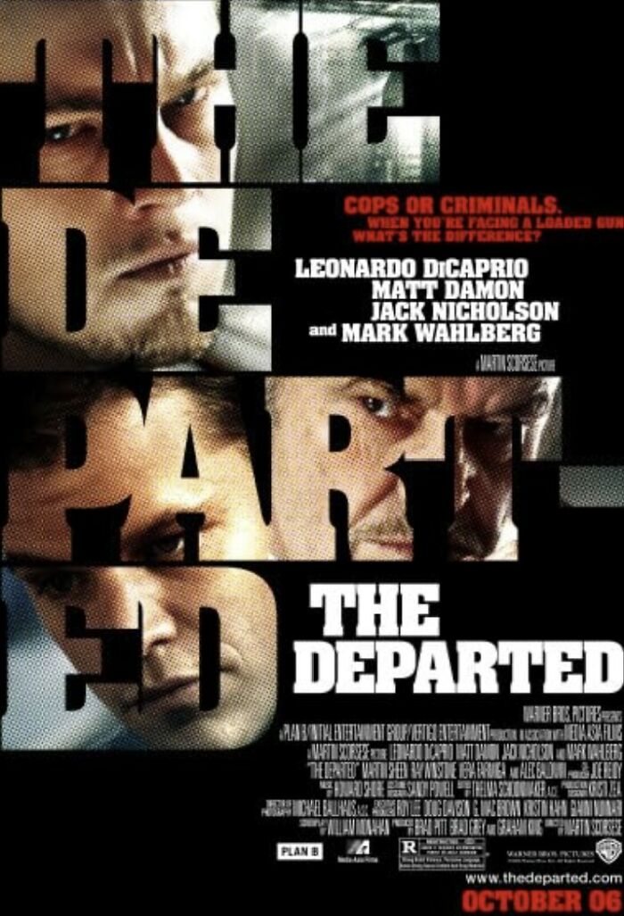 The Departed movie poster featuring faces of Leonardo DiCaprio and Matt Damon