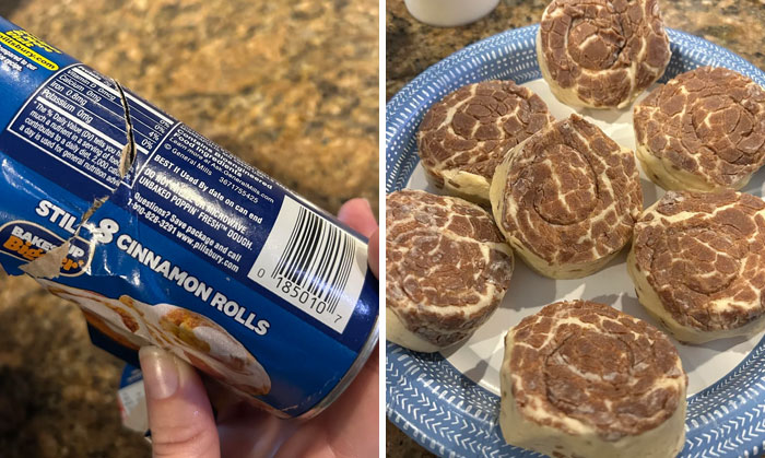 Package of cinnamon rolls with prints not matching actual rolls inside