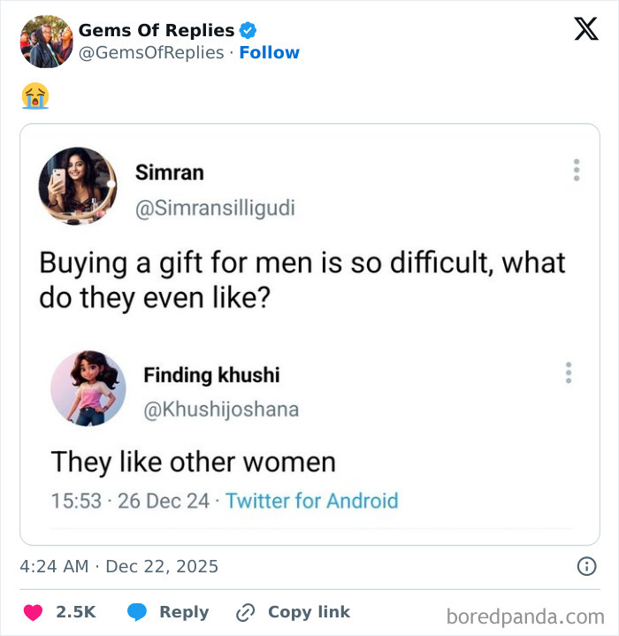 A humorous Twitter exchange showcasing a clever comeback about men's preferences, highlighting sharp wit.