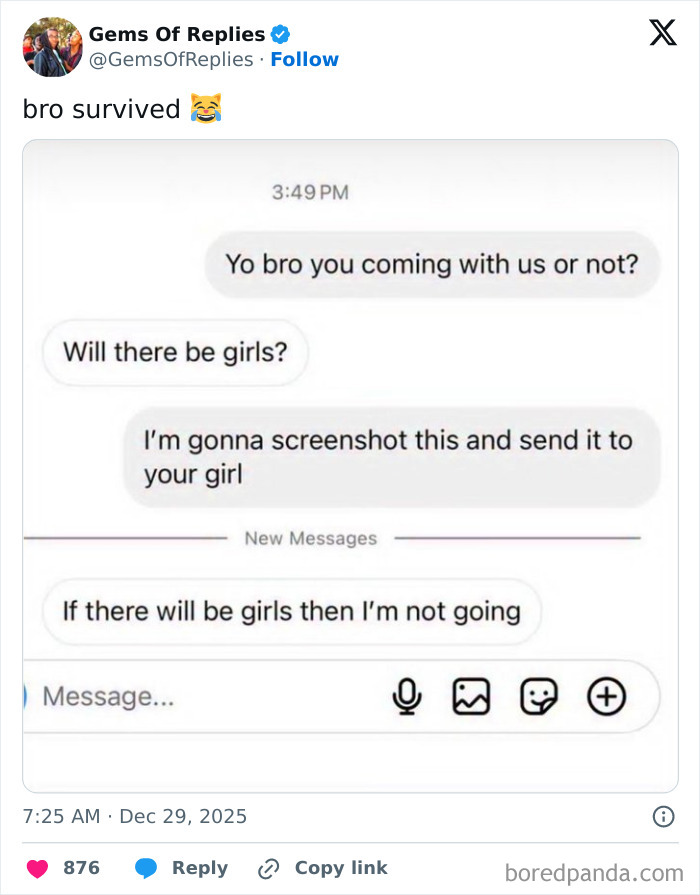 A screenshot of a text message conversation, showcasing a clever comeback related to Girls and plans.