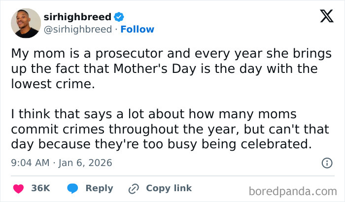Tweet about Mother's Day having the lowest crime rate and moms committing crimes