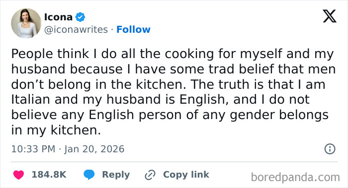 Funny married life tweet about cooking beliefs and cultural differences